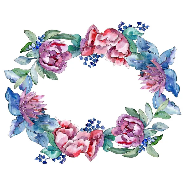 Ramo púrpura flor botánica floral. Conjunto de ilustración de fondo acuarela. Marco borde ornamento cuadrado . — Foto de Stock