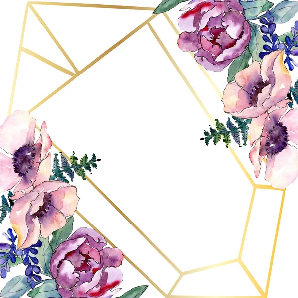 Bouquet violet fleur botanique florale. Ensemble d'illustration de fond aquarelle. Cadre bordure ornement carré . — Photo
