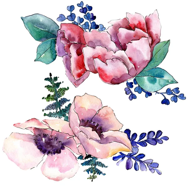 Buquê roxo flores botânicas foral. Conjunto de fundo aquarela. Isolado buquê elemento ilustração . — Fotografia de Stock