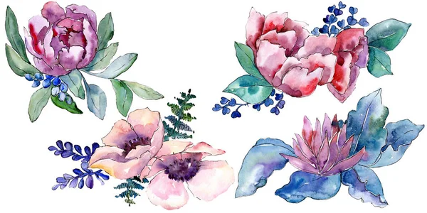 Foral kwiaty botaniczny fioletowy bukiet. Zestaw tle akwarela. Element ilustracja na białym tle bukiet. — Zdjęcie stockowe