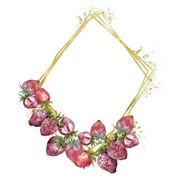 Φράουλα υγιεινά τρόφιμα σε στυλ υδροχρώματος απομονωμένη. Σετ ακουαρέλας φόντο. Πλαίσιο συνόρων στολίδι τετράγωνο. — Φωτογραφία Αρχείου