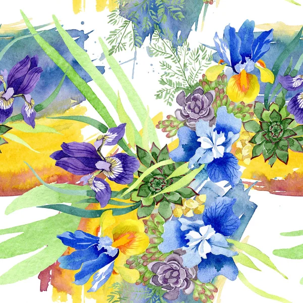 Blå Iris bukett blommor botaniska blommor. Akvarell bakgrund illustration set. Sömlös bakgrundsmönster. — Stockfoto
