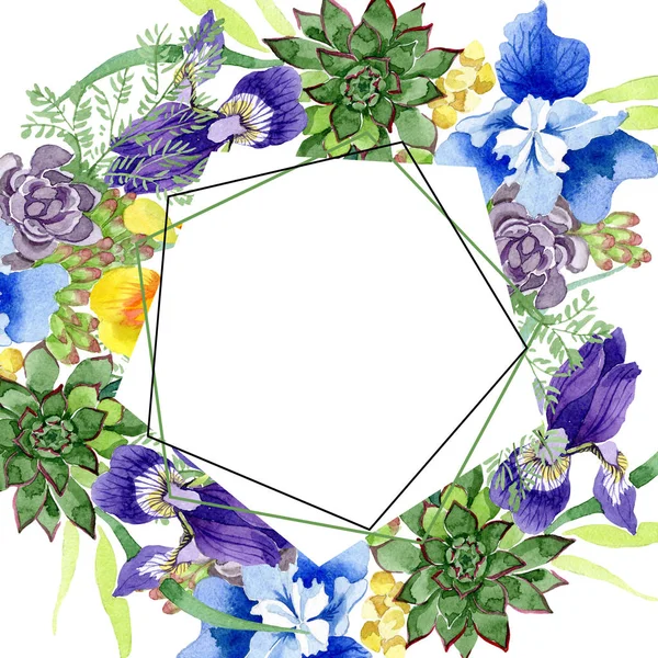 Niebieskie irysy bukiet kwiatowy kwiaty botanicznych. Zestaw ilustracji tle akwarela. Ramki granicznej ornament square. — Zdjęcie stockowe