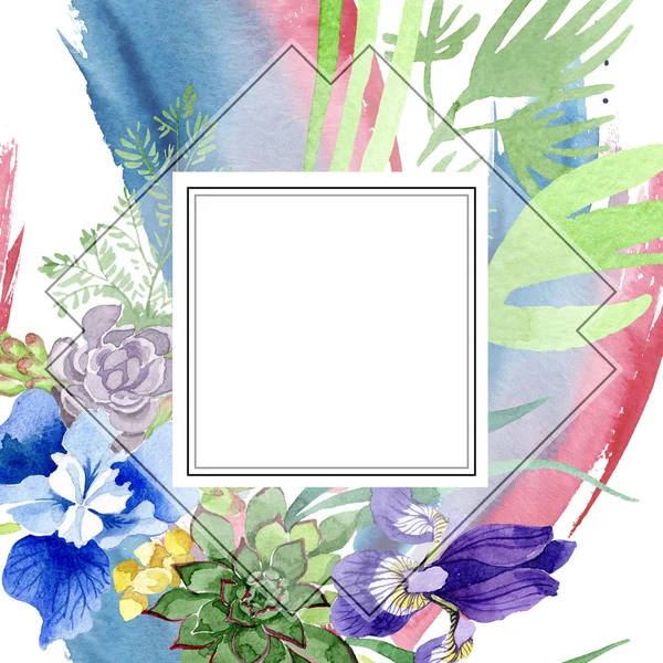 Blauwe irissen boeket bloemen botanische bloemen. Aquarel achtergrond afbeelding instellen. Frame grens ornament vierkant. — Stockfoto