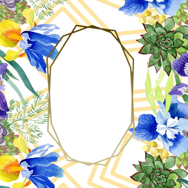 Modré kosatce kytice květinové botanické květin. Sada akvarel pozadí obrázku. Frame hranice ozdoba náměstí. — Stock fotografie