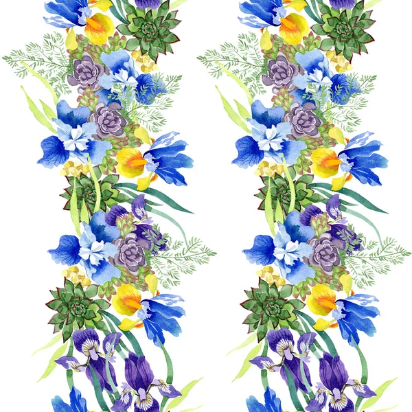 Mavi süsen buket çiçek botanik çiçekler. Suluboya arka plan illüstrasyon küme. Sorunsuz arka plan deseni. — Stok fotoğraf