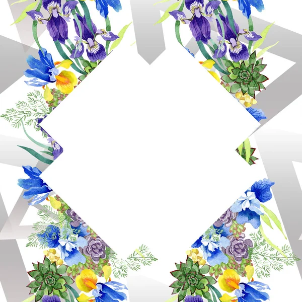 Ramo de iris azul flores botánicas florales. Conjunto de ilustración de fondo acuarela. Marco borde ornamento cuadrado . — Foto de Stock