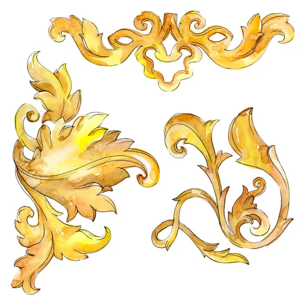 Χρυσό μονόγραμμα floral στολίδι. Μπαρόκ σχεδιασμό των απομονωμένων στοιχείων. Ακουαρέλα φόντο εικόνα σετ. — Φωτογραφία Αρχείου