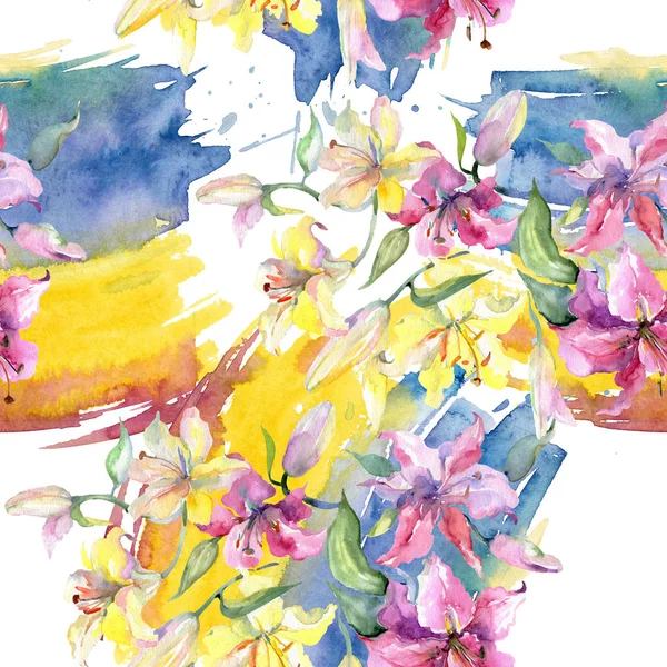 노란색과 보라색 lillies 꽃 식물 꽃입니다. 수채화 배경 그림 설정 합니다. 원활한 배경 패턴. — 스톡 사진