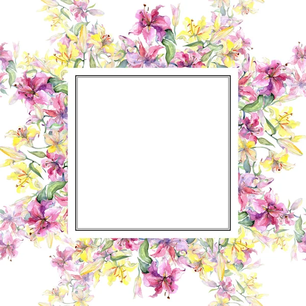 Gele en paarse botanische bloemen van de lelies. Aquarel achtergrond afbeelding instellen. Frame grens ornament vierkant. — Stockfoto