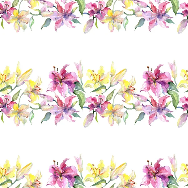 Gele en paarse lillies floral botanische bloemen. Aquarel achtergrond afbeelding instellen. Naadloze achtergrondpatroon. — Stockfoto