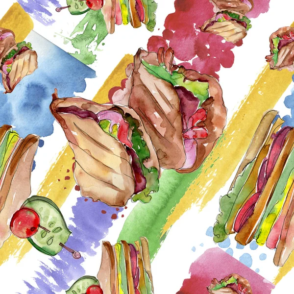 Sandwich en un estilo acuarela. Acuarela elemento ilustrativo de comida rápida. Patrón de fondo sin costuras . —  Fotos de Stock