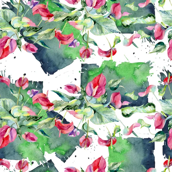 Рожеві спатіфілум квіткові ботанічні квіти. Набір ілюстрацій для акварельного фону. Безшовний візерунок тла . — стокове фото