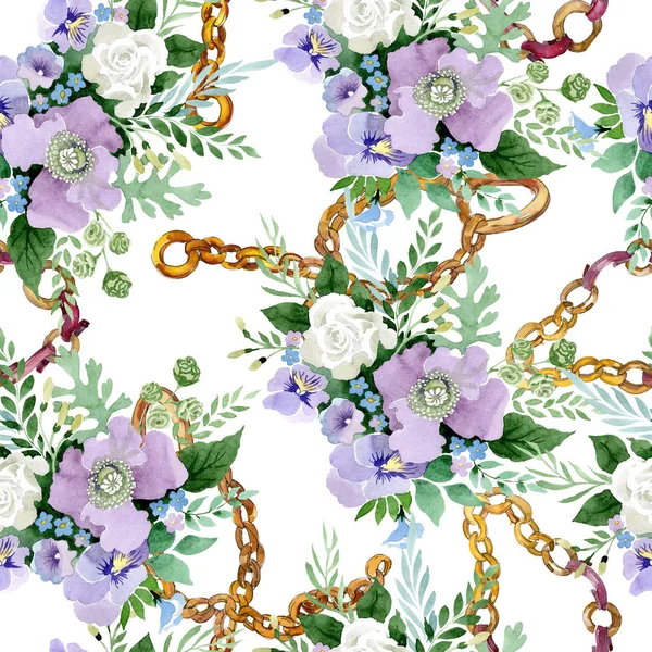 Violet bouquet floral botanical flowers. Watercolor background illustration set. Seamless background pattern. — Stock Photo, Image