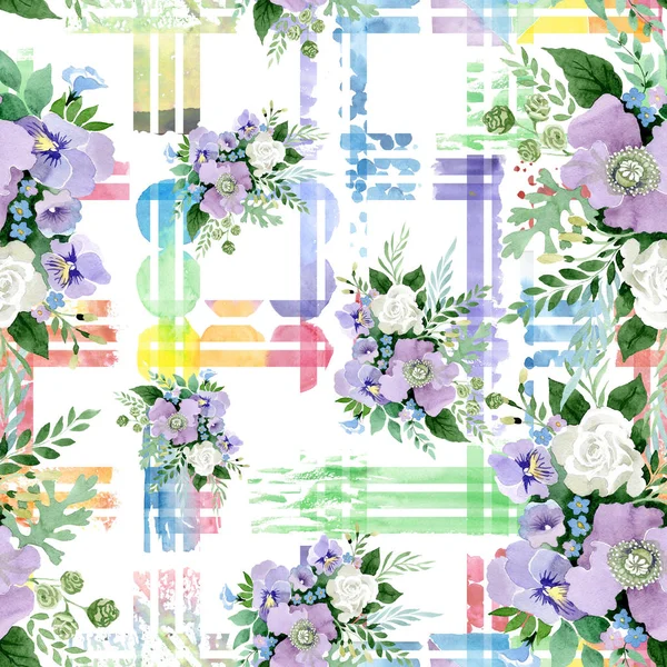 Violet bouquet floral botanical flowers. Watercolor background illustration set. Seamless background pattern. — Stock Photo, Image