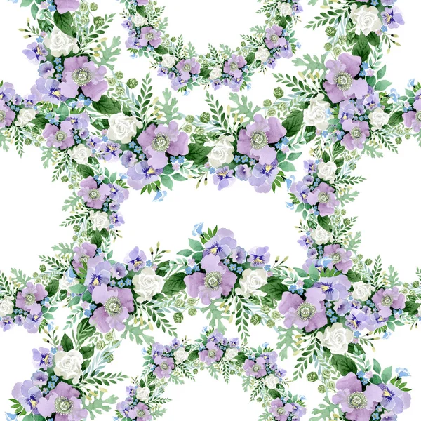 Фіолетовий букет квіткових ботанічних квітів. Набір ілюстрацій для акварельного фону. Безшовний візерунок тла . — стокове фото