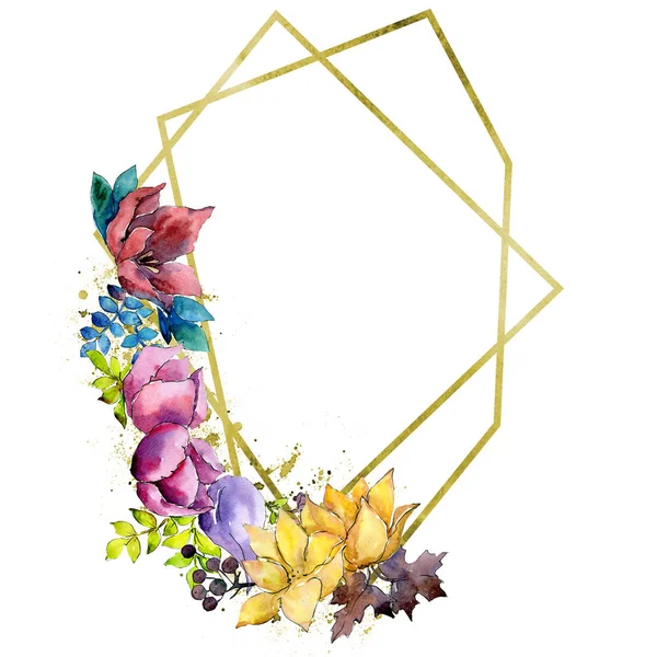 Bukiet kwiatów botaniczny składu. Zestaw ilustracji tle akwarela. Ramki granicznej crystal ornament square. — Zdjęcie stockowe
