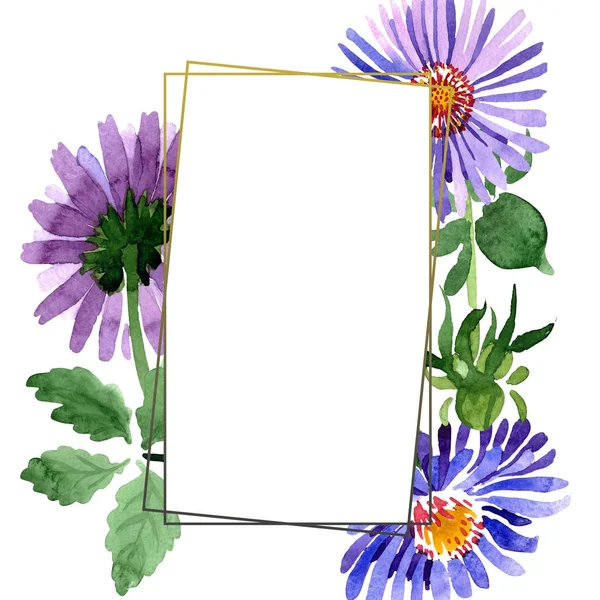 Blå viol astrar botaniska blomma. Akvarell bakgrund illustration set. Ram gränsen crystal prydnad square. — Stockfoto