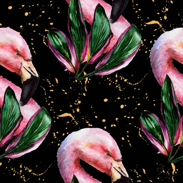 Flamant rose exotique dans une faune isolée. Ensemble d'illustration de fond aquarelle. Modèle de fond sans couture . — Photo