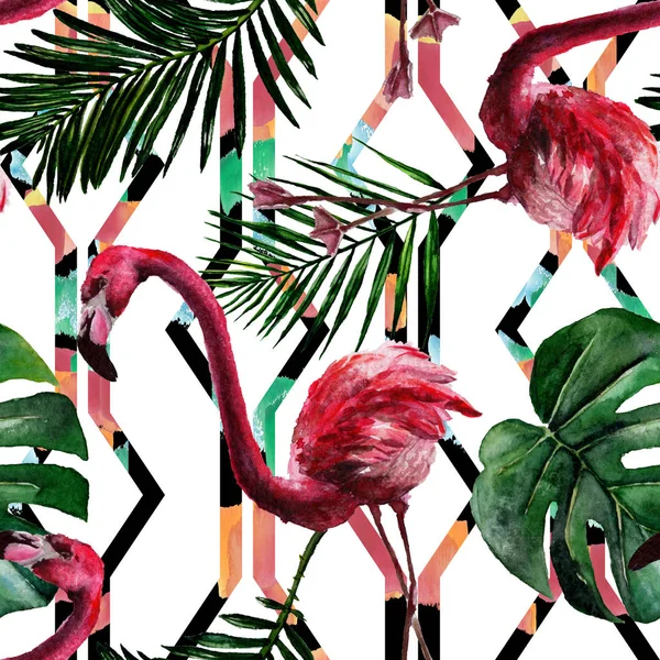 Exotischer roter Flamingo in einer isolierten Tierwelt. Aquarell Hintergrundillustration Set. nahtloses Hintergrundmuster. — Stockfoto