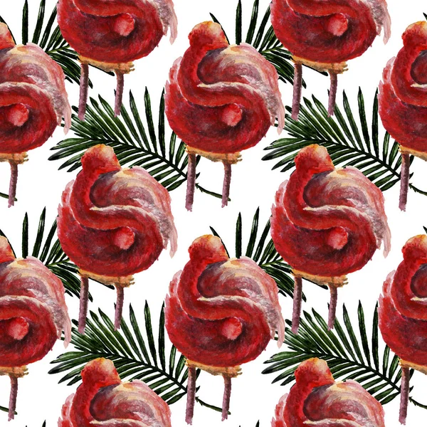 Exotic red flamingo in a wildlife isolated. Watercolor background illustration set. Seamless background pattern. — Stock Photo, Image