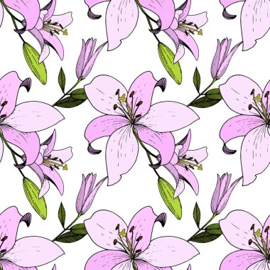 Vektör Lily botanik çiçek. Oyulmuş mürekkep sanat. Sorunsuz arka plan deseni. Kumaş duvar kağıdı yazdırma doku.