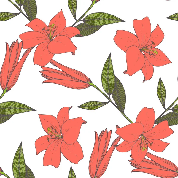 Flor botánica floral Vector Lily. Arte de tinta grabada. Patrón de fondo sin costuras. Textura de impresión de papel pintado de tela . — Vector de stock