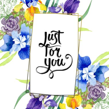 Mavi süsen buket çiçek botanik çiçekler. Vahşi bahar yaprak izole kır çiçeği. Suluboya arka plan illüstrasyon küme. Suluboya çizim moda aquarelle. Çerçeve kenarlığı süsleme Meydanı.