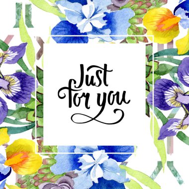 Mavi süsen buket çiçek botanik çiçekler. Vahşi bahar yaprak izole kır çiçeği. Suluboya arka plan illüstrasyon küme. Suluboya çizim moda aquarelle. Çerçeve kenarlığı süsleme Meydanı.