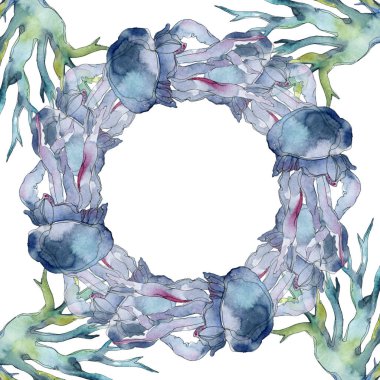 Renkli su doğa mercan kayalığı. Tropikal bitki deniz ve okyanus su hayat öğesi. Suluboya arka plan illüstrasyon küme. Suluboya çizim moda aquarelle. Çerçeve kenarlığı süsleme Meydanı.