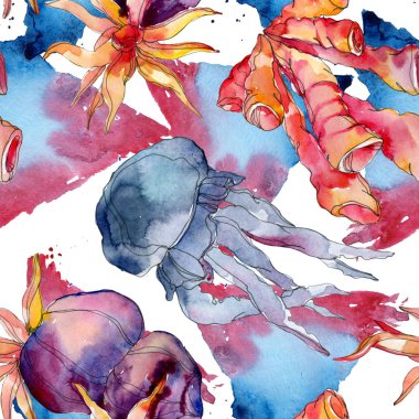 Renkli su sualtı doğa mercan kayalığı. Tropikal bitki deniz öğe. Suluboya resim kümesi. Suluboya çizim aquarelle. Sorunsuz arka plan deseni. Kumaş duvar kağıdı yazdırma doku.