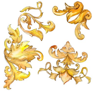 Altın monogram çiçek süsleme. Barok tasarım öğeleri. Suluboya arka plan illüstrasyon küme. Suluboya çizim moda aquarelle. İzole monogram illüstrasyon öğesi.