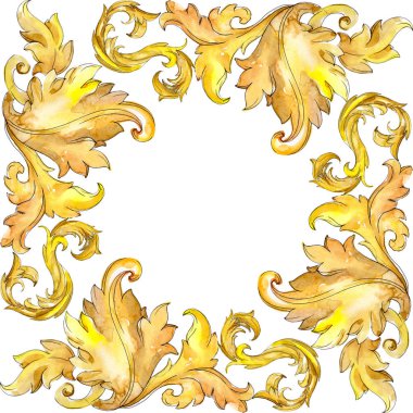 Altın monogram çiçek süsleme. Barok izole öğeleri Tasarla. Suluboya arka plan illüstrasyon küme. Suluboya çizim moda aquarelle izole. Çerçeve kenarlığı süsleme Meydanı.