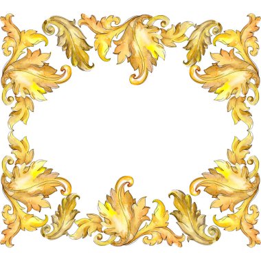 Altın monogram çiçek süsleme. Barok izole öğeleri Tasarla. Suluboya arka plan illüstrasyon küme. Suluboya çizim moda aquarelle izole. Çerçeve kenarlığı süsleme Meydanı.