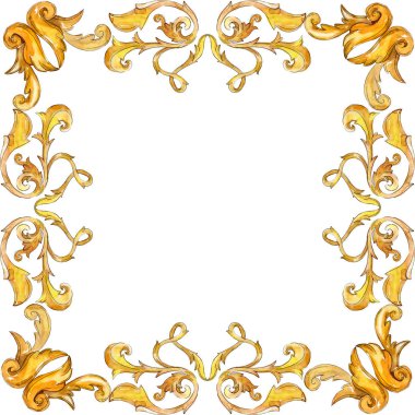 Altın monogram çiçek süsleme. Barok izole öğeleri Tasarla. Suluboya arka plan illüstrasyon küme. Suluboya çizim moda aquarelle izole. Çerçeve kenarlığı süsleme Meydanı.