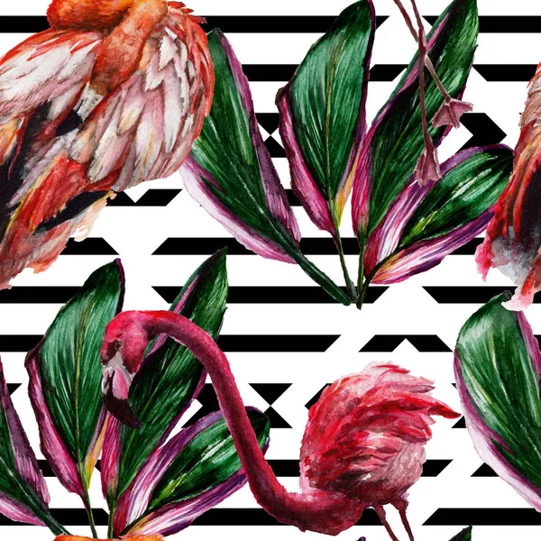 Exotic red flamingo in a wildlife. Wild freedom bird. Watercolor illustration set. Watercolour drawing fashion aquarelle. Seamless background pattern. Fabric wallpaper print texture.