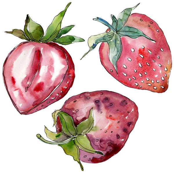 Fragola Cibo Sano Stile Acquerello Isolato Acquerello Sfondo Illustrazione Set — Foto Stock