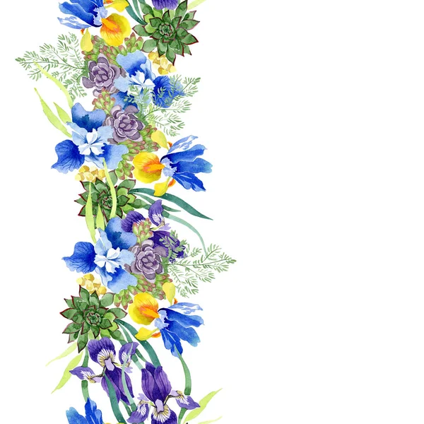 青いアイリスの花束植物花 野生春葉が分離されました 水彩イラスト セット 水彩描画ファッション Aquarelle シームレスな背景パターン 壁紙印刷手触りの生地 — ストック写真