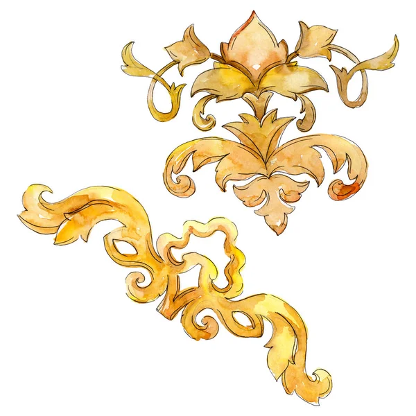 Gold monogram floral ornament. Baroque design elements. Watercolor background illustration set. Watercolour drawing fashion aquarelle. Isolated monogram illustration element.