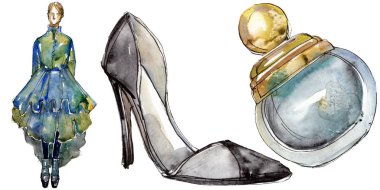 Moda kroki moda glamour çizimde bir suluboya stil izole aquarelle öğesi. Giyim Aksesuarları moda kıyafet ayarlayın. Suluboya arka plan illüstrasyon seti.
