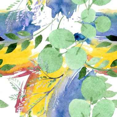 Etli buket botanik çiçek. Vahşi bahar yaprak kır çiçeği. Suluboya resim kümesi. Suluboya çizim moda aquarelle. Sorunsuz arka plan deseni. Kumaş duvar kağıdı yazdırma doku.