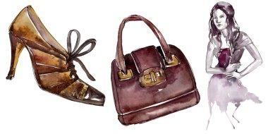 Moda kroki moda glamour çizimde bir suluboya stil izole aquarelle öğesi. Giyim Aksesuarları trendy moda kıyafet ayarlayın. Suluboya arka plan illüstrasyon seti.
