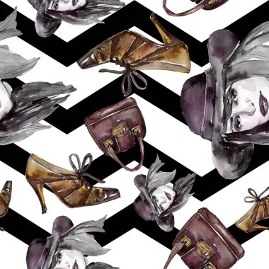 Moda kroki glamour çizimde bir suluboya stil öğesi. Giyim Aksesuarları aqurelle modaya uygun kıyafet ayarlayın. Suluboya sorunsuz arka plan deseni ayarlayın. Kumaş duvar kağıdı yazdırma doku.