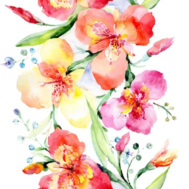 Turuncu viyola buket botanik çiçek. Vahşi bahar yaprak kır çiçeği. Suluboya resim kümesi. Suluboya çizim moda aquarelle. Sorunsuz arka plan deseni. Kumaş duvar kağıdı yazdırma doku.