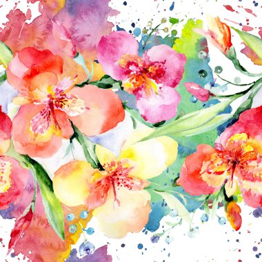 Turuncu viyola buket botanik çiçek. Vahşi bahar yaprak kır çiçeği. Suluboya resim kümesi. Suluboya çizim moda aquarelle. Sorunsuz arka plan deseni. Kumaş duvar kağıdı yazdırma doku.