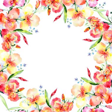 Turuncu viyola buket çiçek botanik çiçekler. Vahşi bahar yaprak izole kır çiçeği. Suluboya arka plan illüstrasyon küme. Suluboya çizim moda aquarelle. Çerçeve kenarlığı süsleme Meydanı.