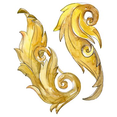 Altın monogram çiçek süsleme. Barok tasarım öğeleri. Suluboya arka plan illüstrasyon küme. Suluboya çizim moda aquarelle. İzole monogram illüstrasyon öğesi.