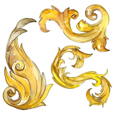 Altın monogram çiçek süsleme. Barok tasarım öğeleri. Suluboya arka plan illüstrasyon küme. Suluboya çizim moda aquarelle. İzole monogram illüstrasyon öğesi.