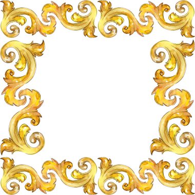 Altın monogram çiçek süsleme. Barok izole öğeleri Tasarla. Suluboya arka plan illüstrasyon küme. Suluboya çizim moda aquarelle izole. Çerçeve kenarlığı süsleme Meydanı.