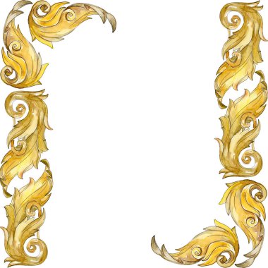 Altın monogram çiçek süsleme. Barok izole öğeleri Tasarla. Suluboya arka plan illüstrasyon küme. Suluboya çizim moda aquarelle izole. Çerçeve kenarlığı süsleme Meydanı.